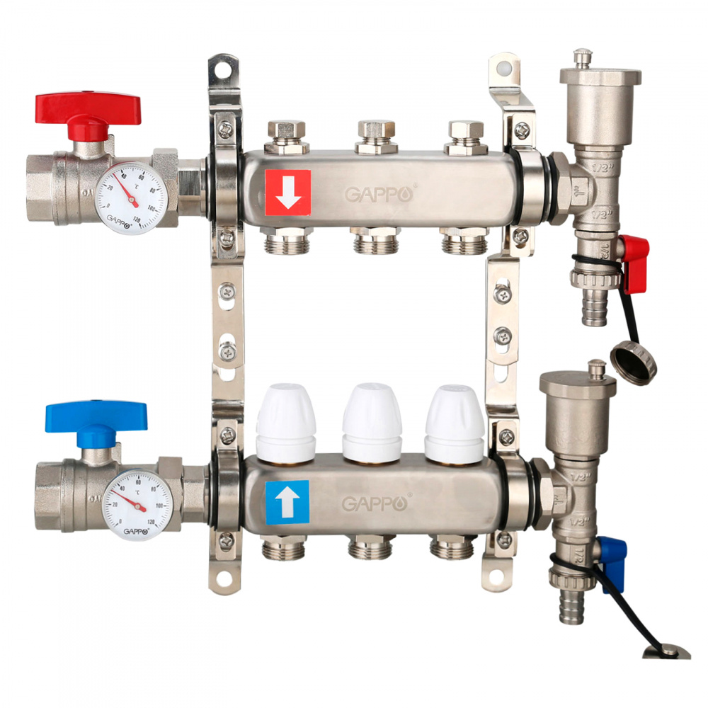 Коллектор регулируемый с запорными клапанами Gappo G426.3 3-вых.x1"x3/4"