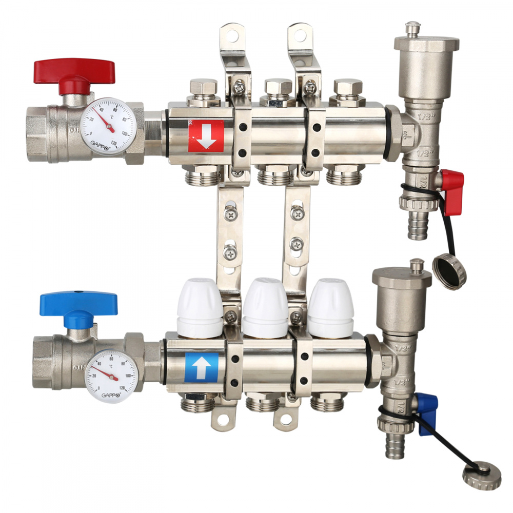 Коллектор регулируемый с запорными клапанами Gappo G425.3 3-вых.x1"x3/4"