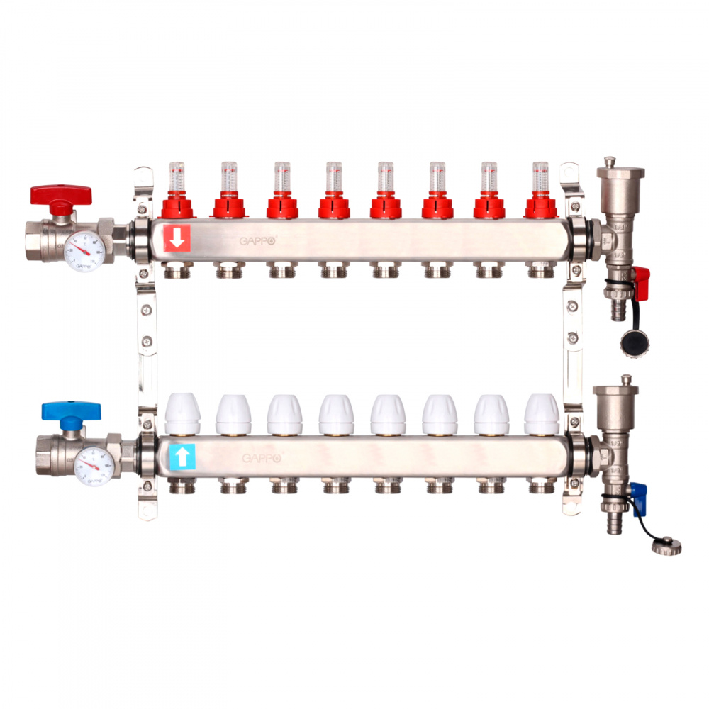 Коллектор регулируемый с расходомерами Gappo G422.8 8-вых. x1"x3/4"