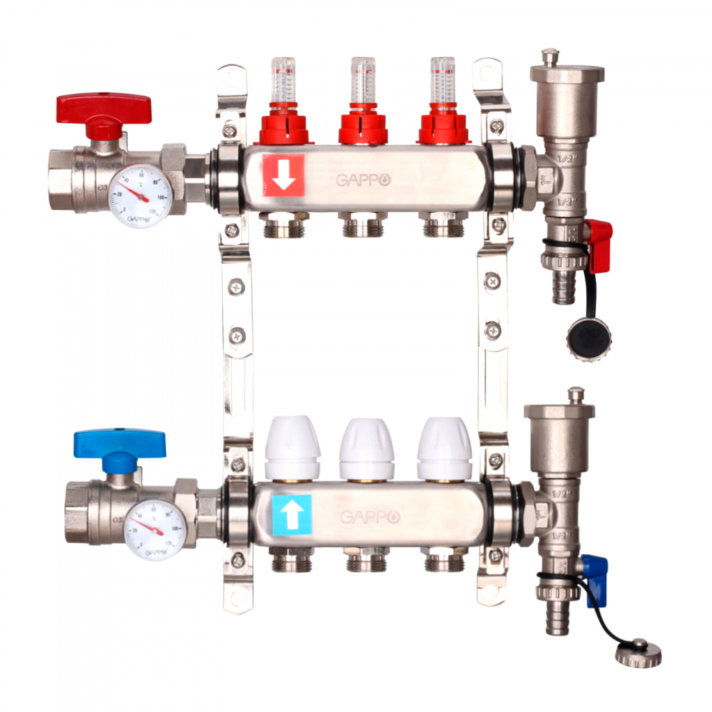 Коллектор регулируемый с расходомерами Gappo G422.3 3-вых. x1"x3/4"