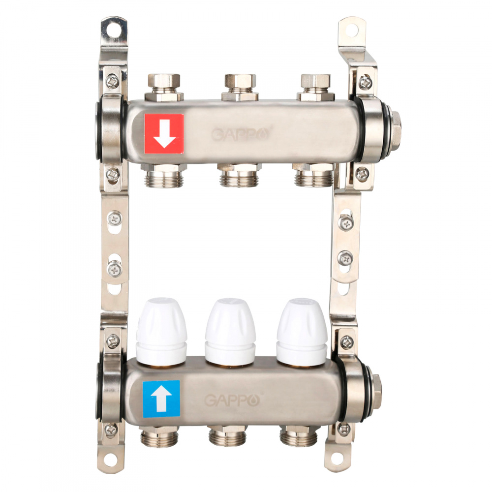 Коллектор регулируемый с запорными клапанами Gappo G428.3 3-вых.x1"x3/4"