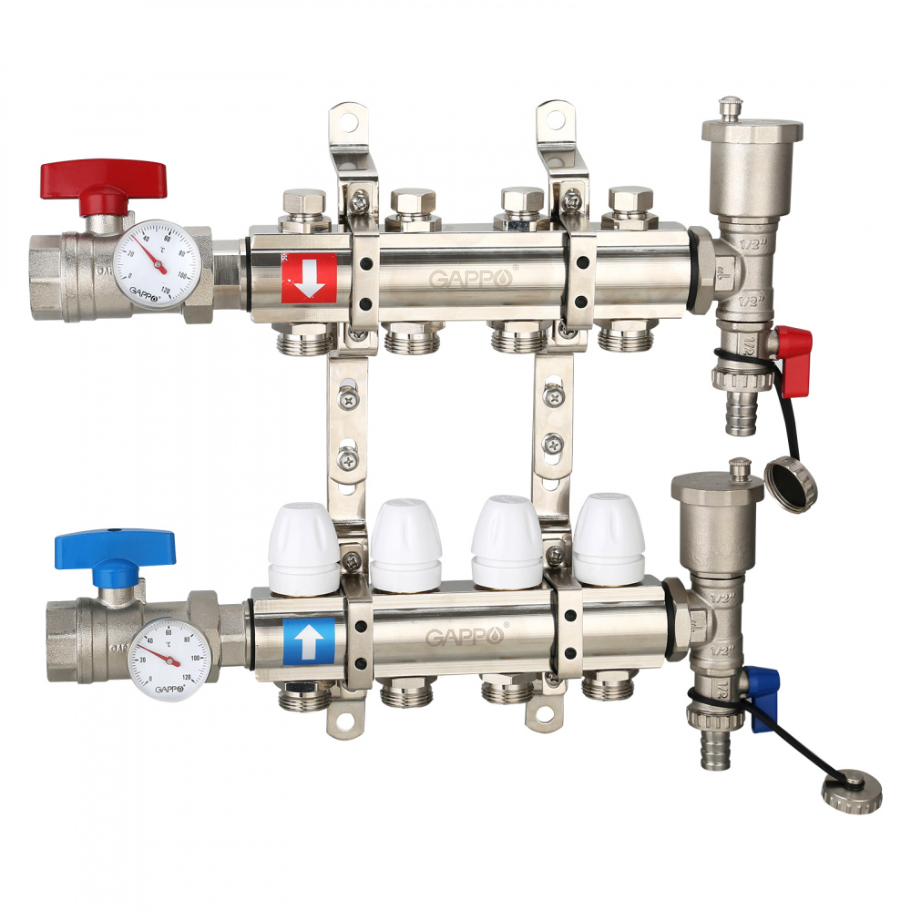 Коллектор регулируемый с запорными клапанами Gappo G425.4 4-вых.x1"x3/4"